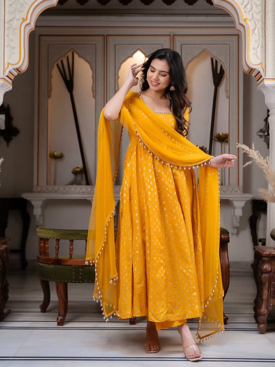 Festive & Wedding Wear Marigold Yellow Banarasi Anarkali Suit Set for woman