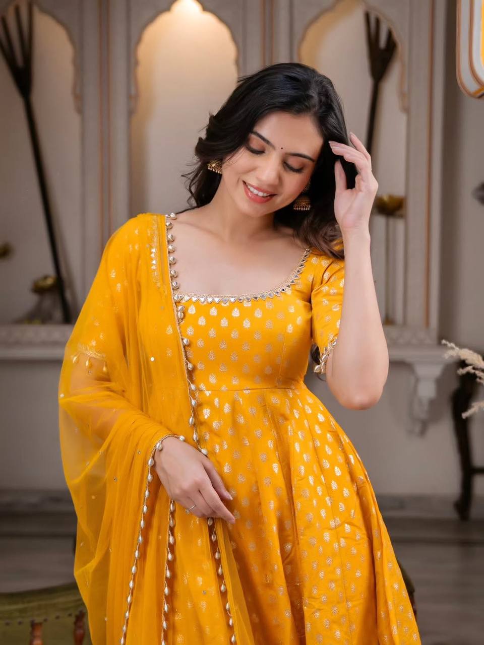 Festive & Wedding Wear Marigold Yellow Banarasi Anarkali Suit Set for woman