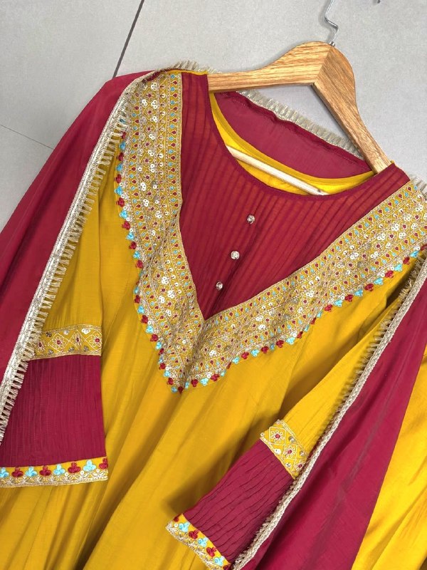 Meher Mustard & Maroon Embroidered Anarkali Set
