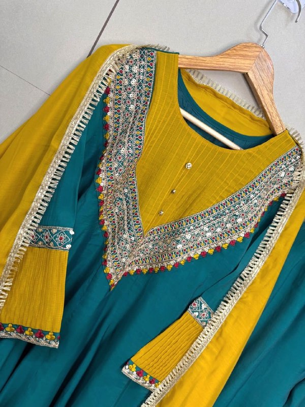 Meher Teal & Yellow Embroidered Anarkali Set
