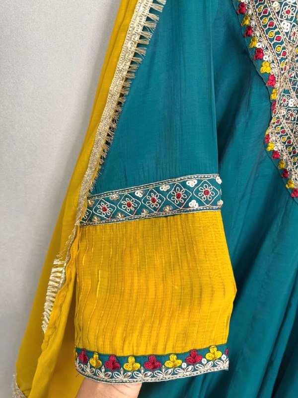Meher Teal & Yellow Embroidered Anarkali Set