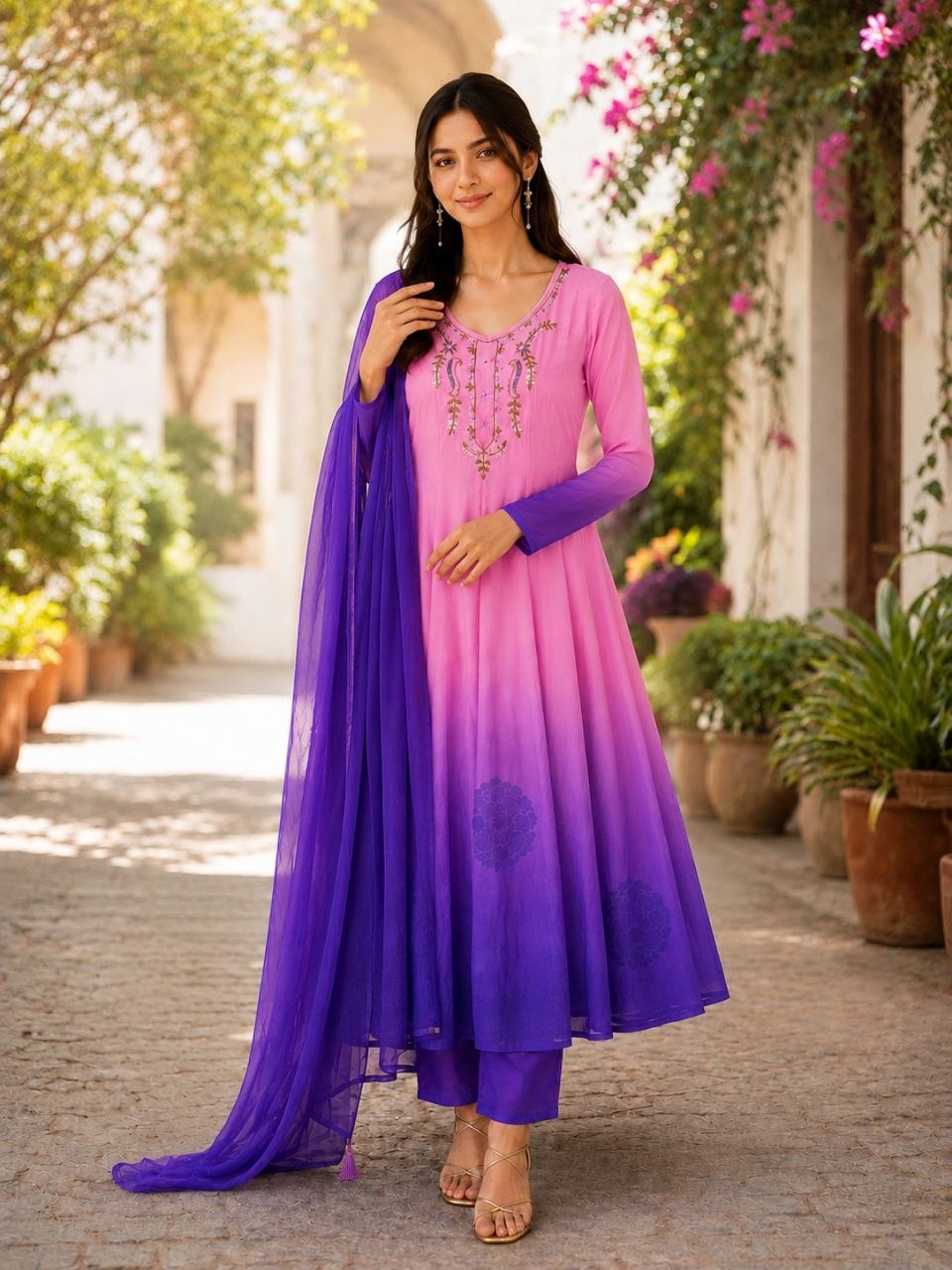 Elegant Pink to Royal Purple Ombre Embroidered Kurta Set with Dupatta