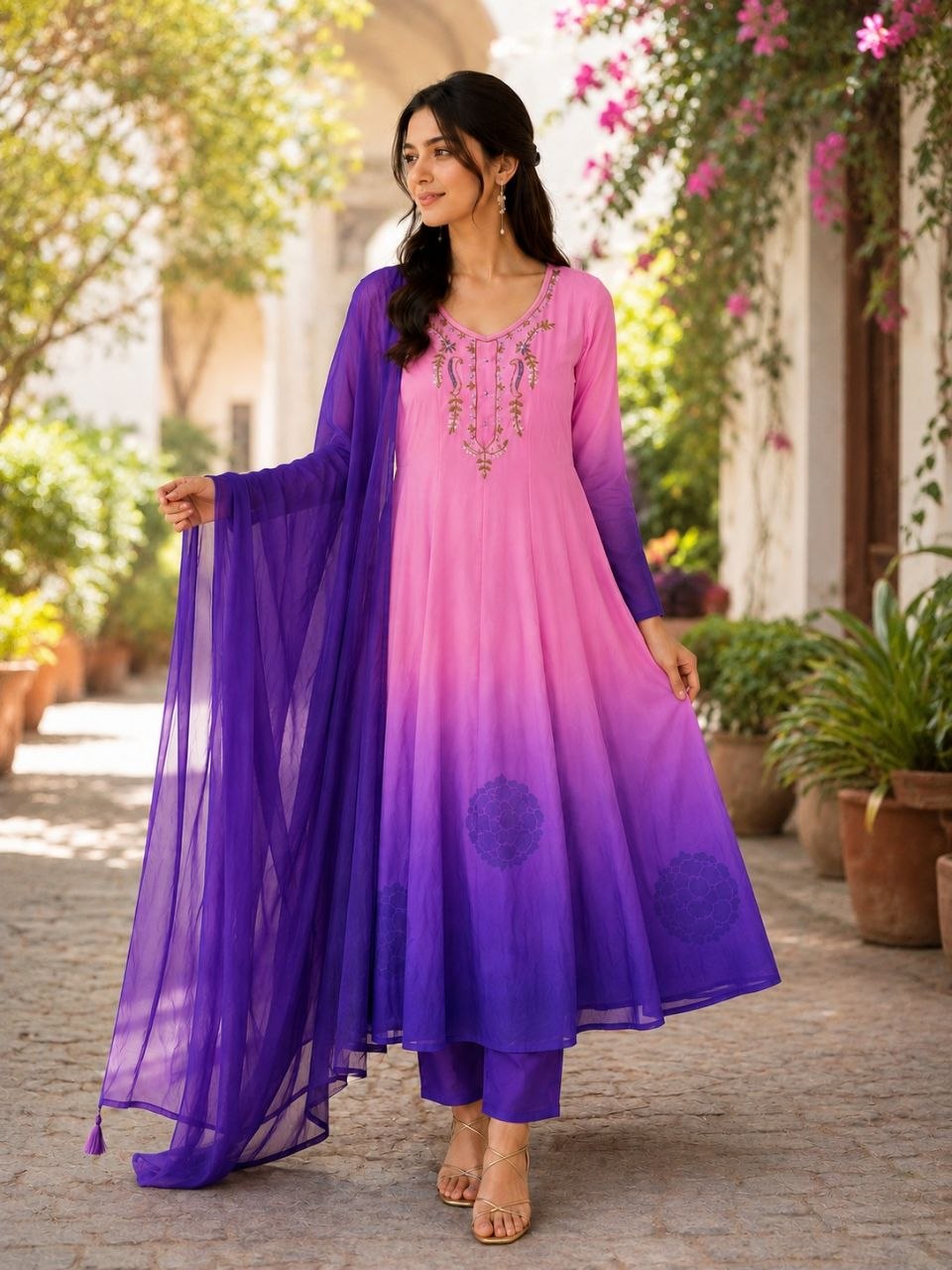 Elegant Pink to Royal Purple Ombre Embroidered Kurta Set with Dupatta