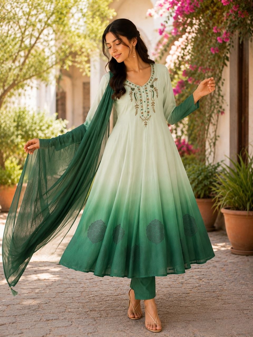Elegant Pista to Green Embroidered Kurta Set with Dupatta