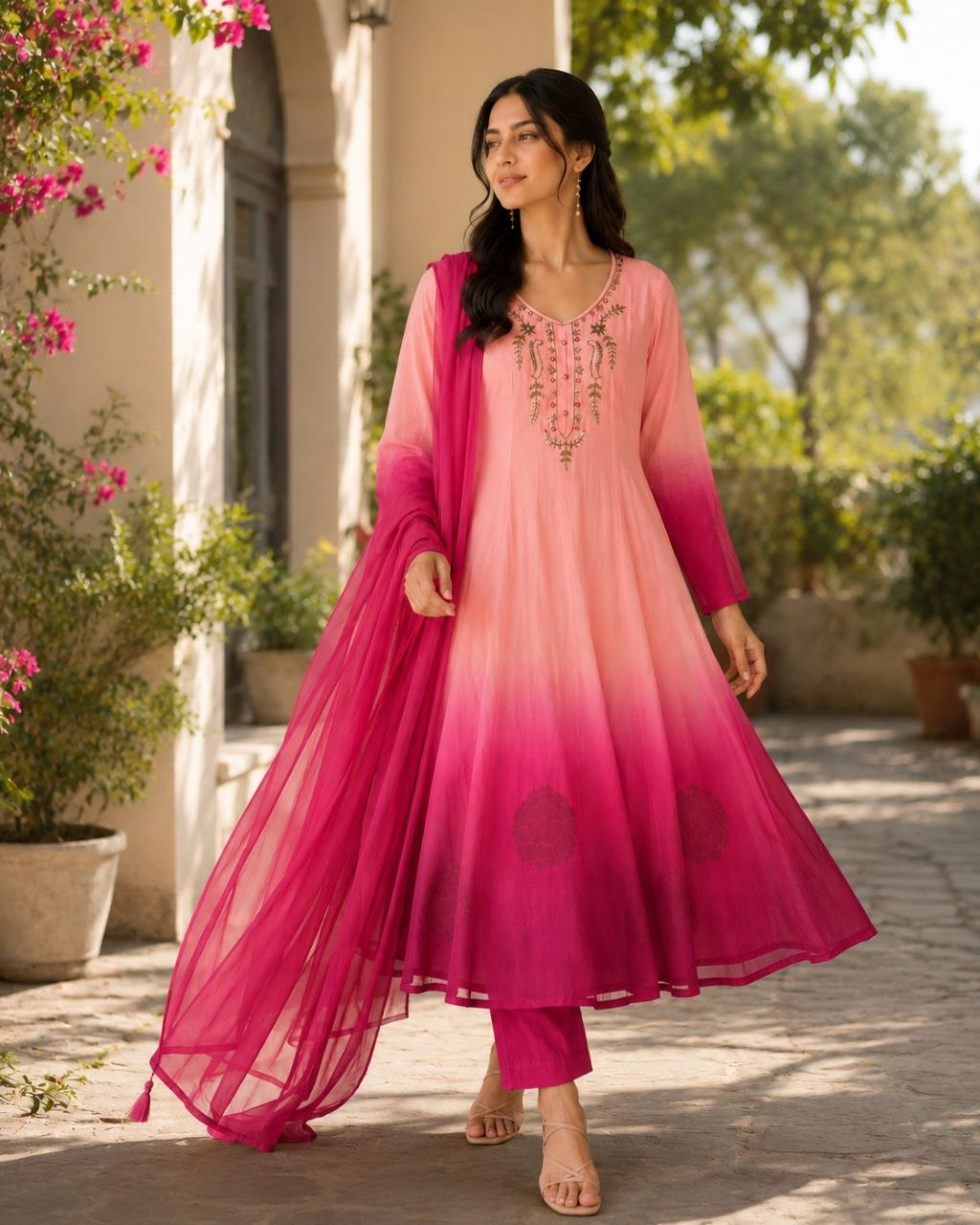 Elegant Peach to Red Embroidered Kurta Set with Dupatta