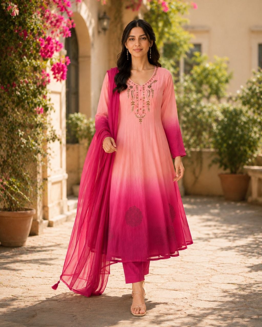 Elegant Peach to Red Embroidered Kurta Set with Dupatta