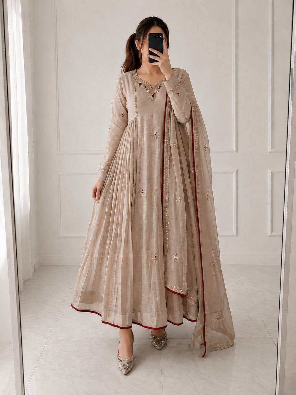 Elegant Beige Silk Anarkali Suit Set with Maroon Piping & Embroidered Neckline