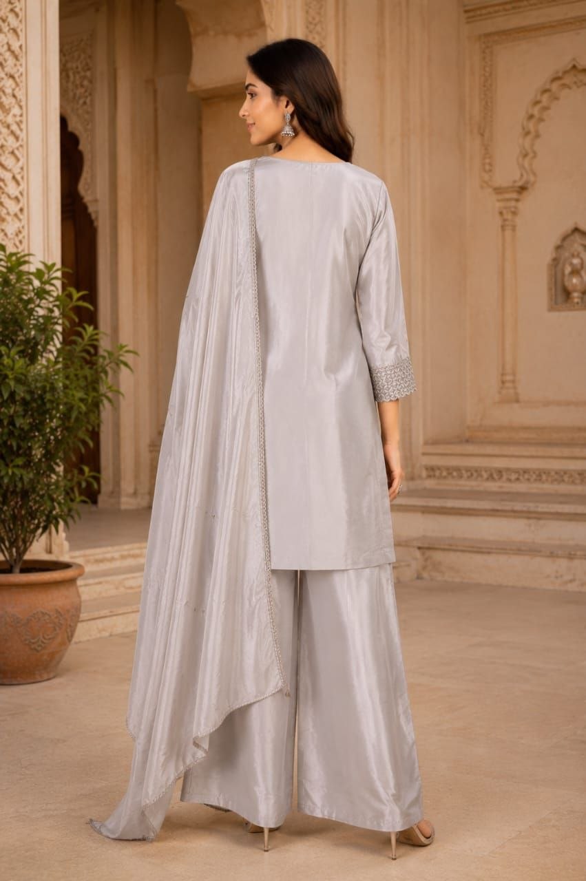 Silver Noor Embroidered Kurta Palazzo Set with Dupatta