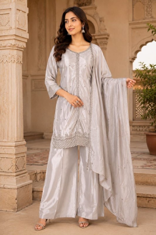 Silver Noor Embroidered Kurta Palazzo Set with Dupatta