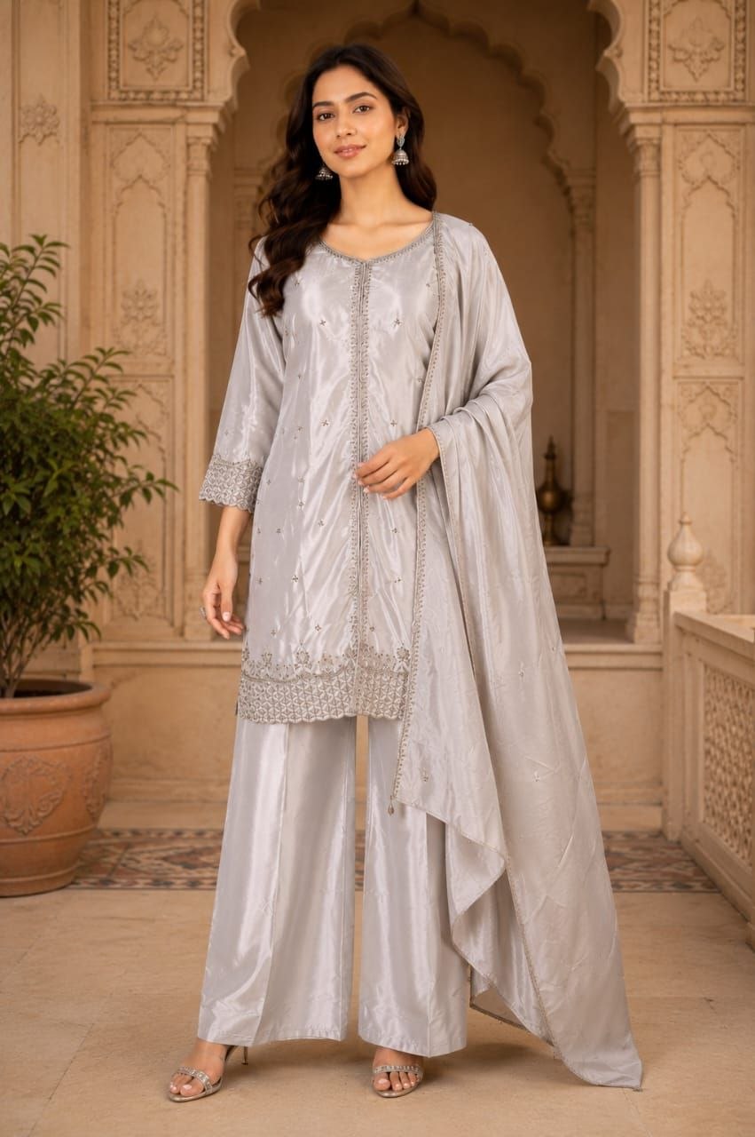 Silver Noor Embroidered Kurta Palazzo Set with Dupatta