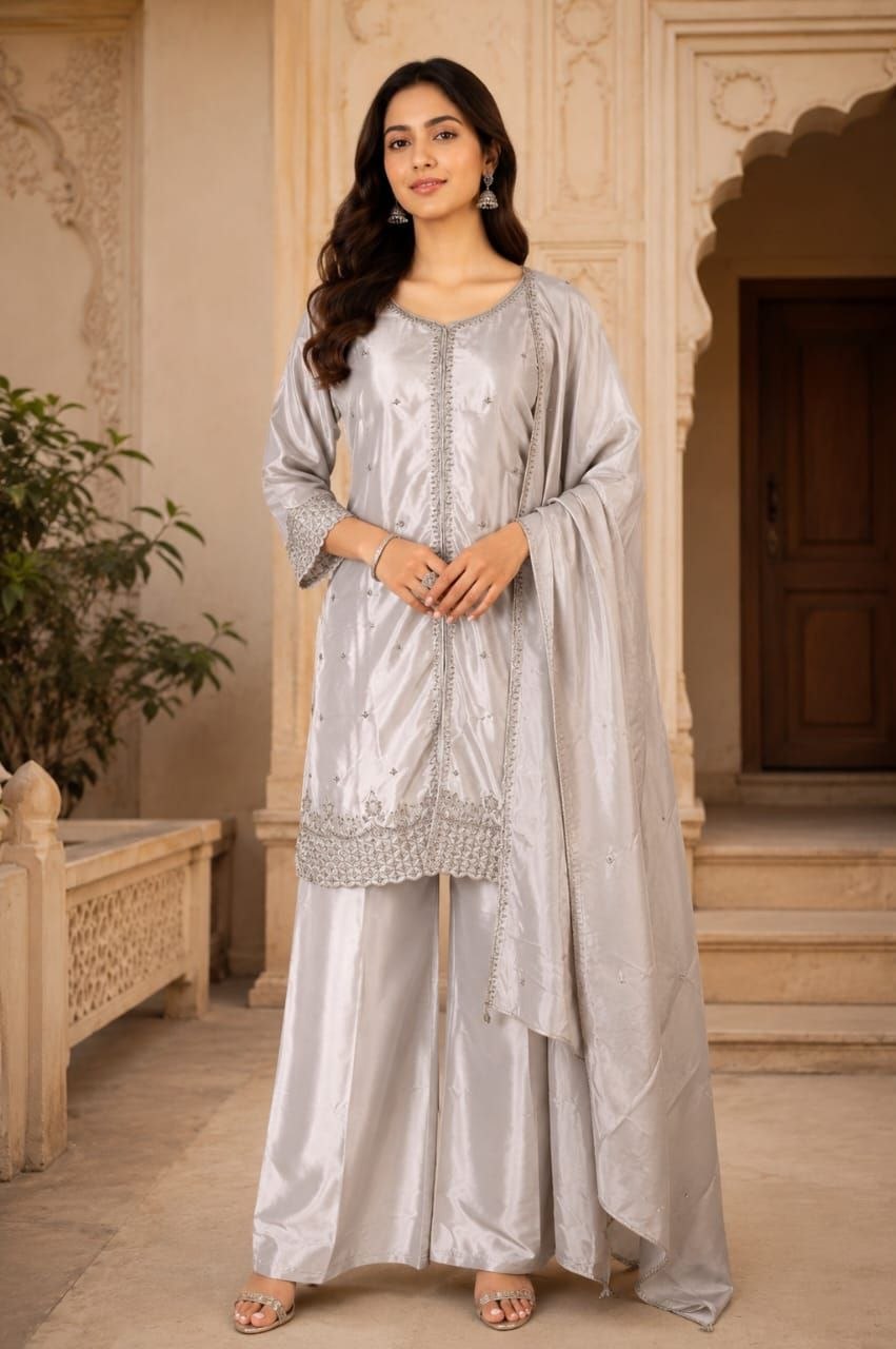 Silver Noor Embroidered Kurta Palazzo Set with Dupatta