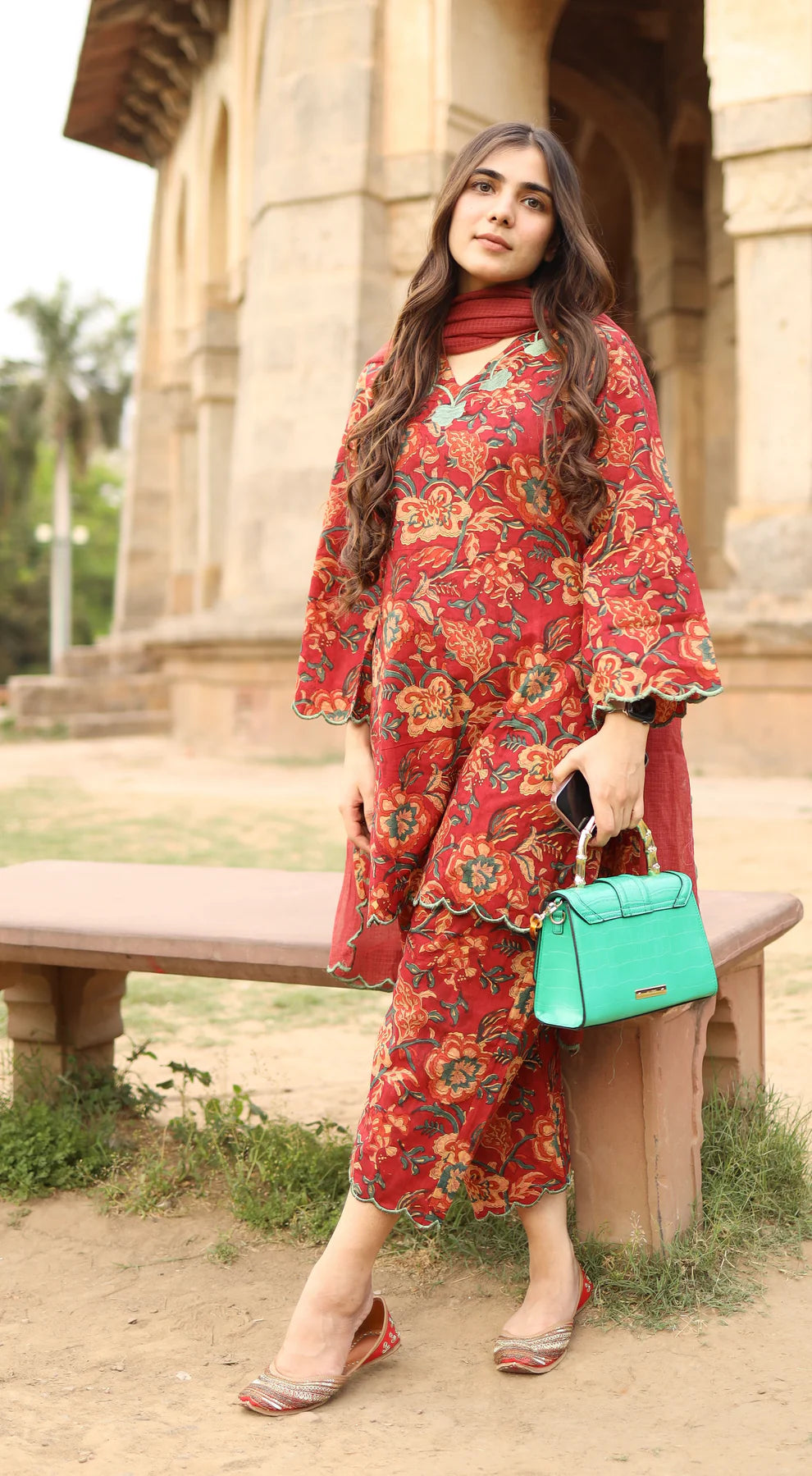 Red Floral Printed Kurta Set with Dupatta
