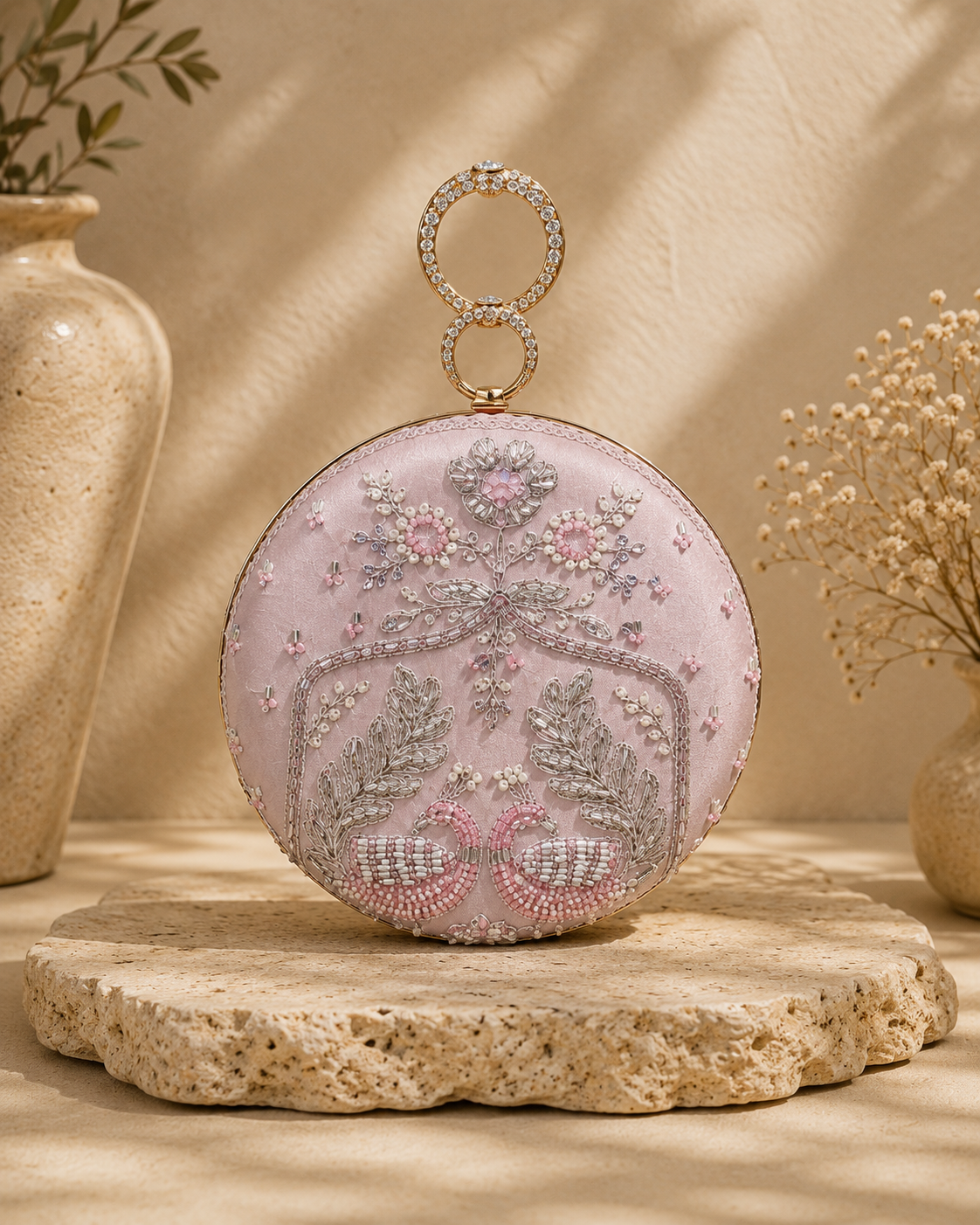 Luxury Blush Pink Hand-Embroidered Swan Clutch Bag with Double Crystal Ring Handle