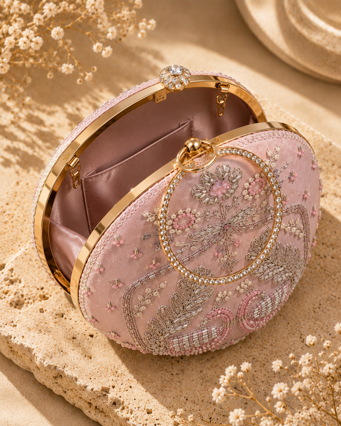 Luxury Blush Pink Hand-Embroidered Swan Clutch Bag with Double Crystal Ring Handle