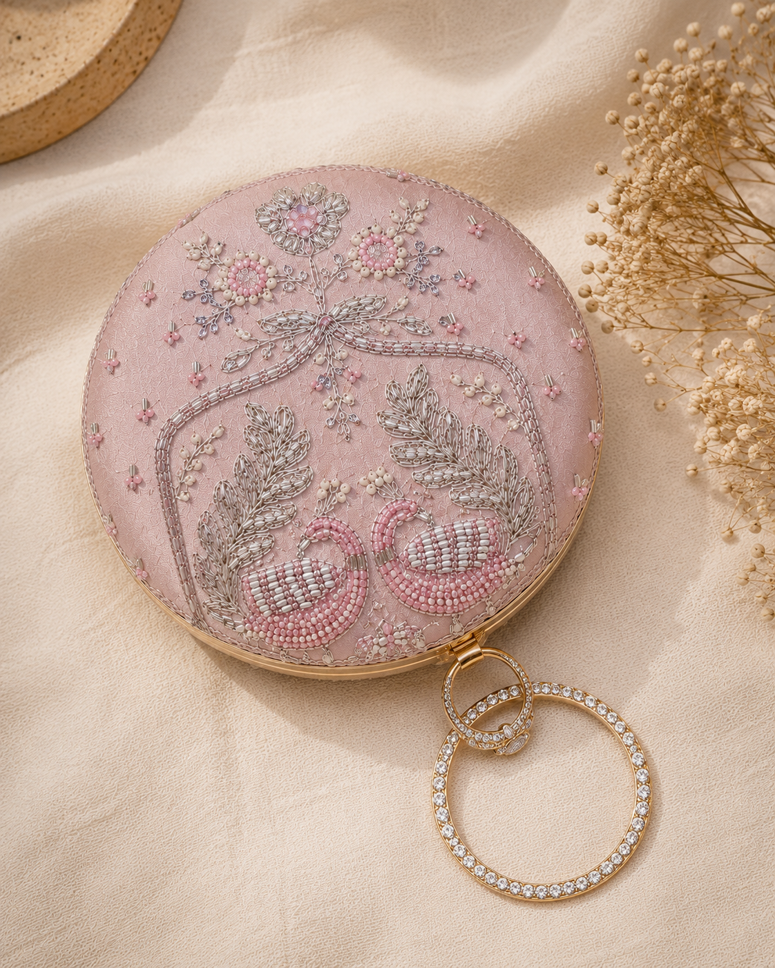 Luxury Blush Pink Hand-Embroidered Swan Clutch Bag with Double Crystal Ring Handle