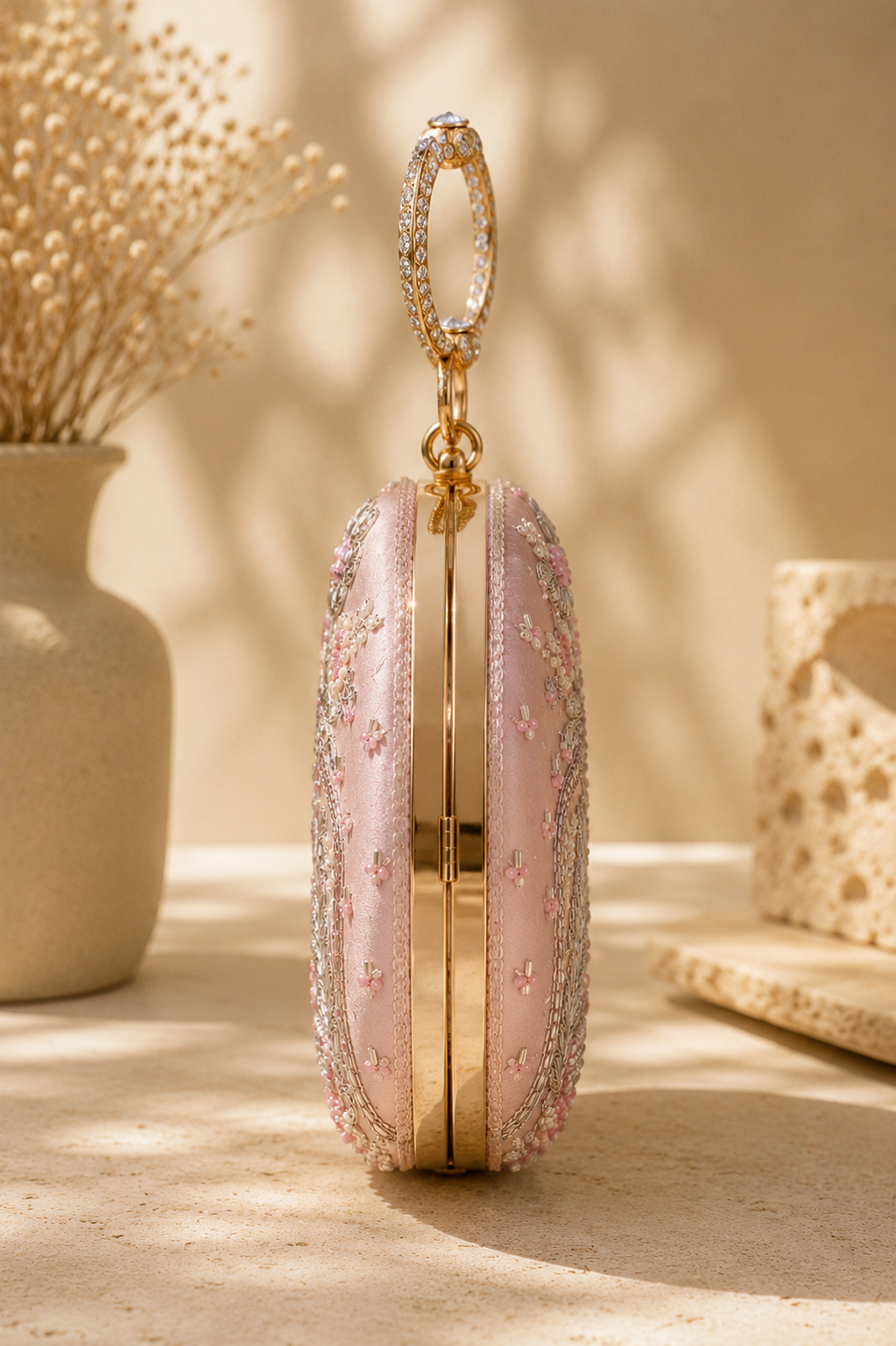 Luxury Blush Pink Hand-Embroidered Swan Clutch Bag with Double Crystal Ring Handle