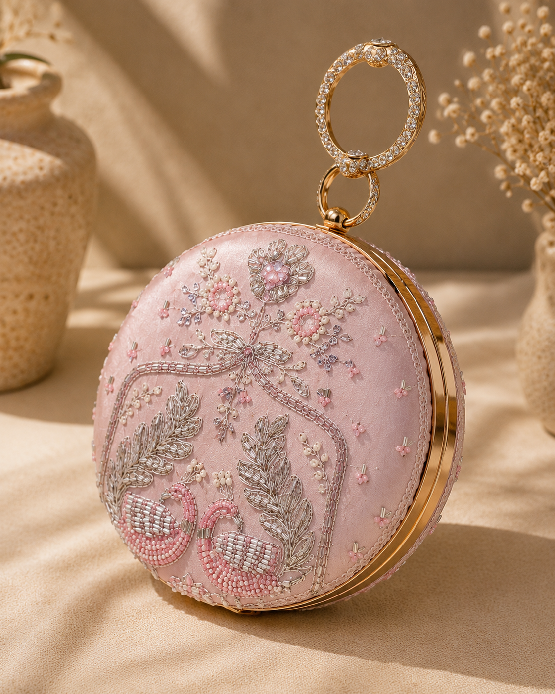 Luxury Blush Pink Hand-Embroidered Swan Clutch Bag with Double Crystal Ring Handle
