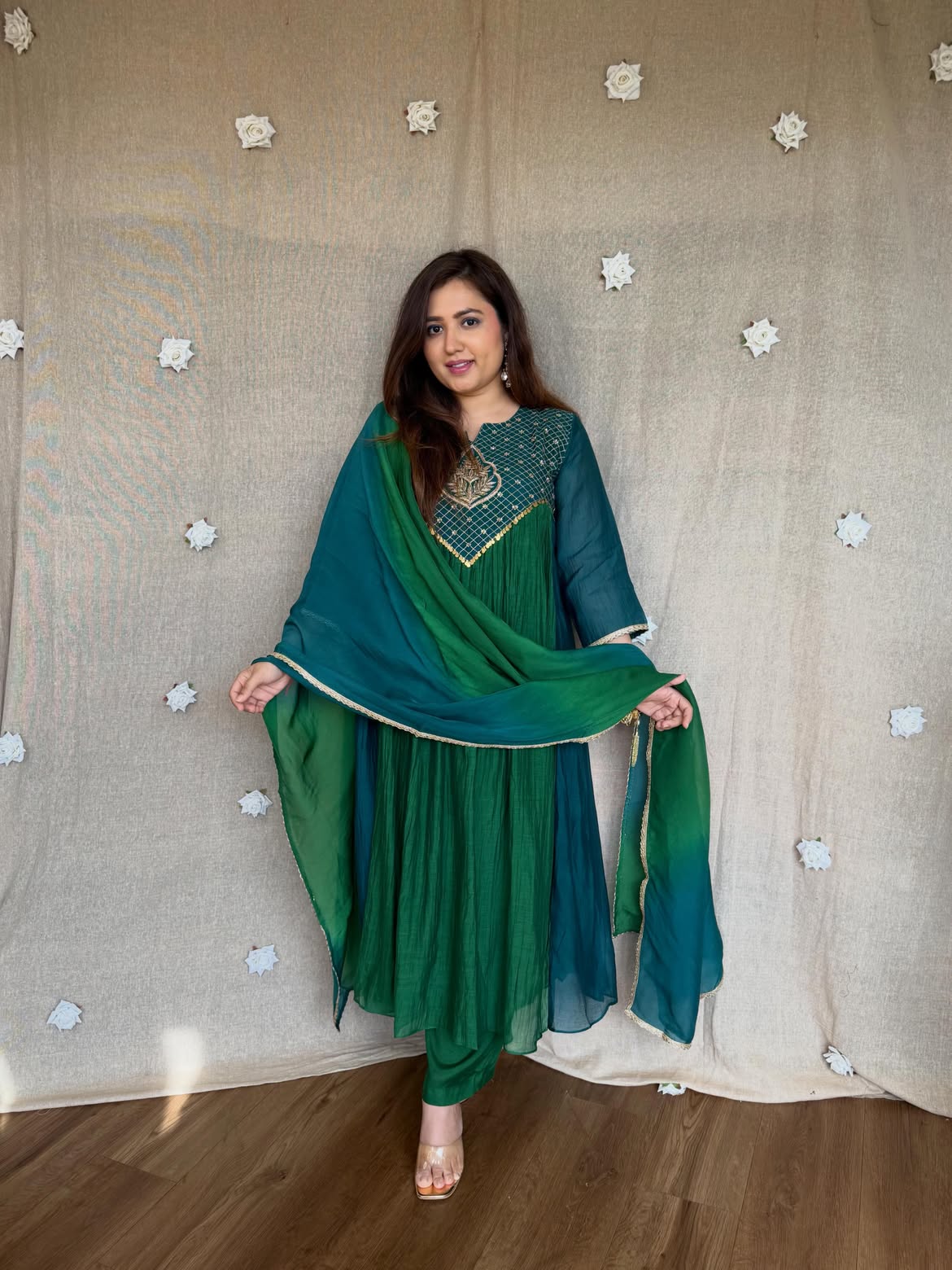 Women's Emerald Green Embroidered Anarkali Kurta Set with Dupatta