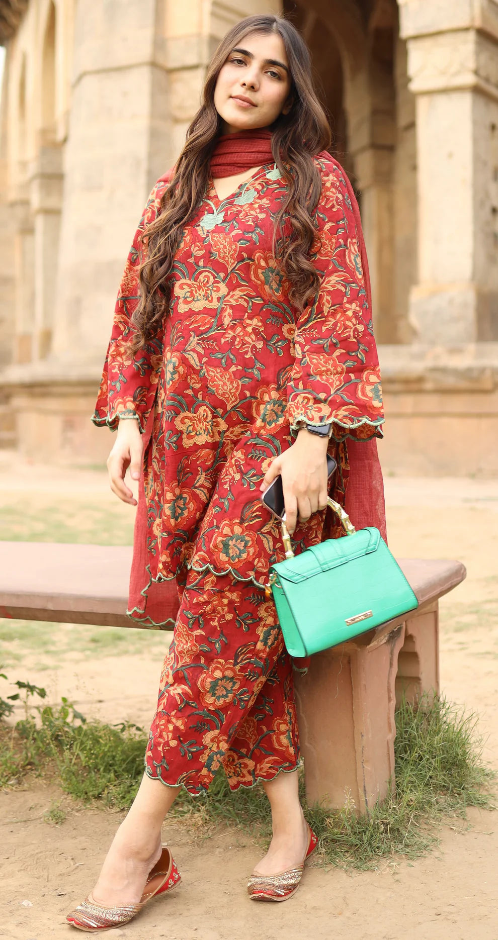 Red Floral Printed Kurta Set with Dupatta