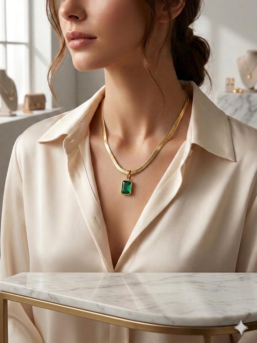 Emerald Green Pendant Herringbone Necklace for Women