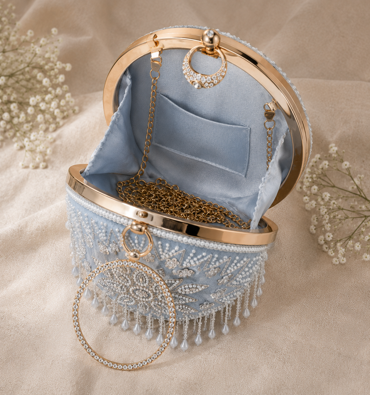Luxury Ice Blue Hand-Embroidered Mandala Clutch Bag with Crystal Ring Handle & Pearl Tassels