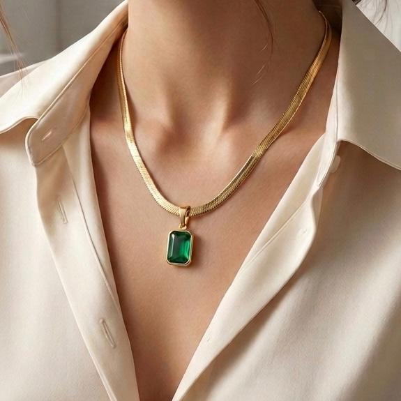 Emerald Green Pendant Herringbone Necklace for Women