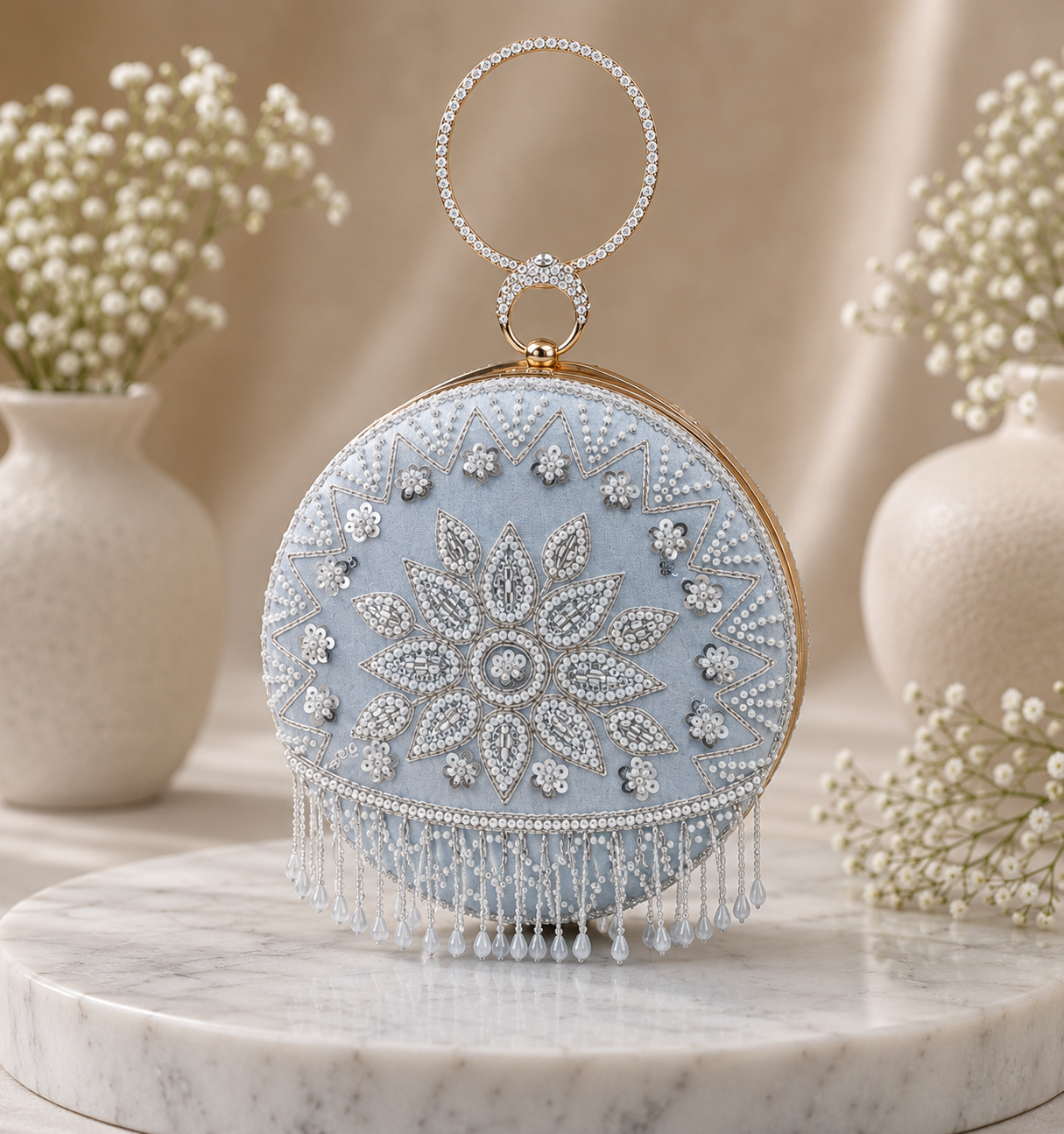Luxury Ice Blue Hand-Embroidered Mandala Clutch Bag with Crystal Ring Handle & Pearl Tassels