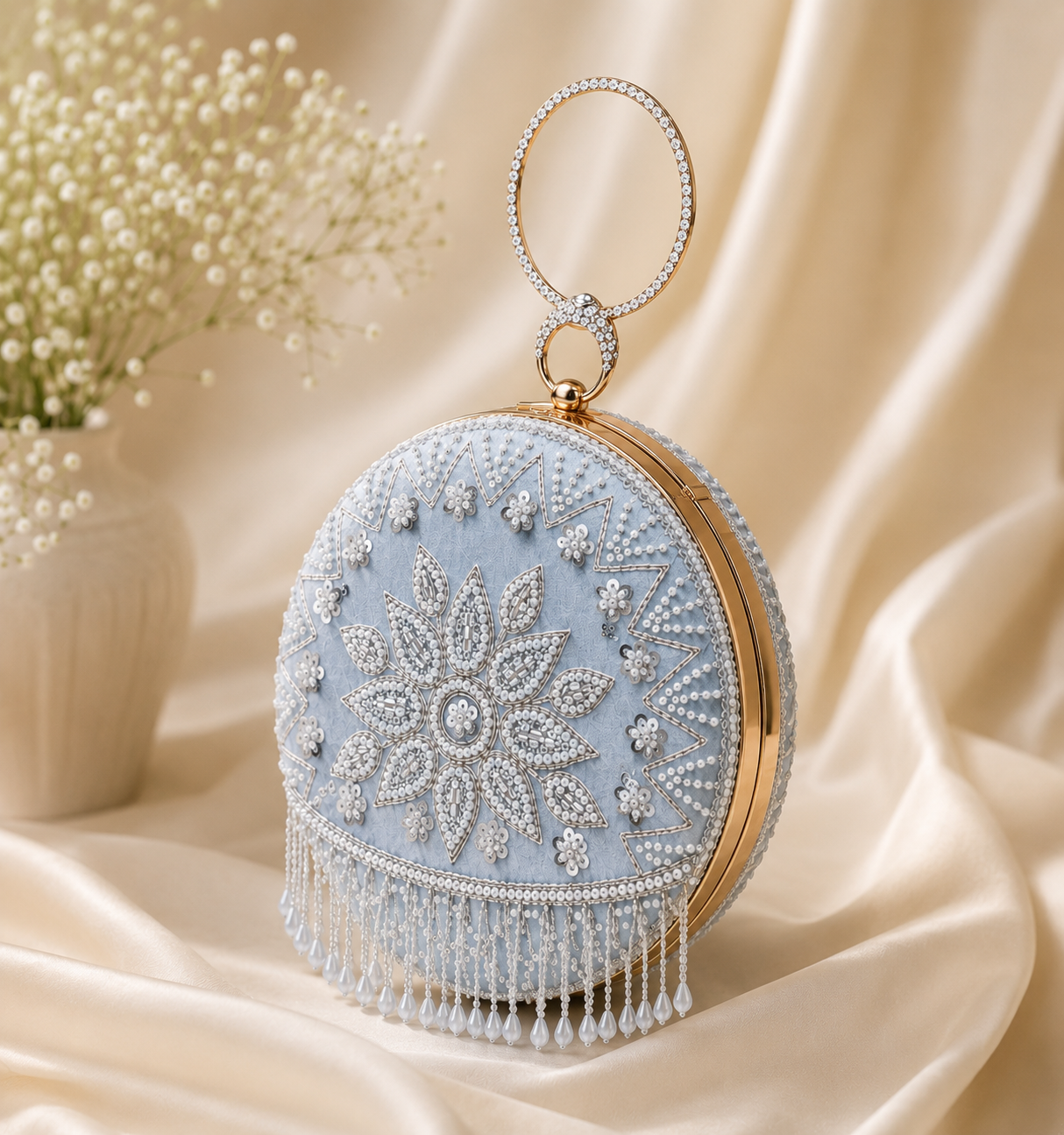 Luxury Ice Blue Hand-Embroidered Mandala Clutch Bag with Crystal Ring Handle & Pearl Tassels