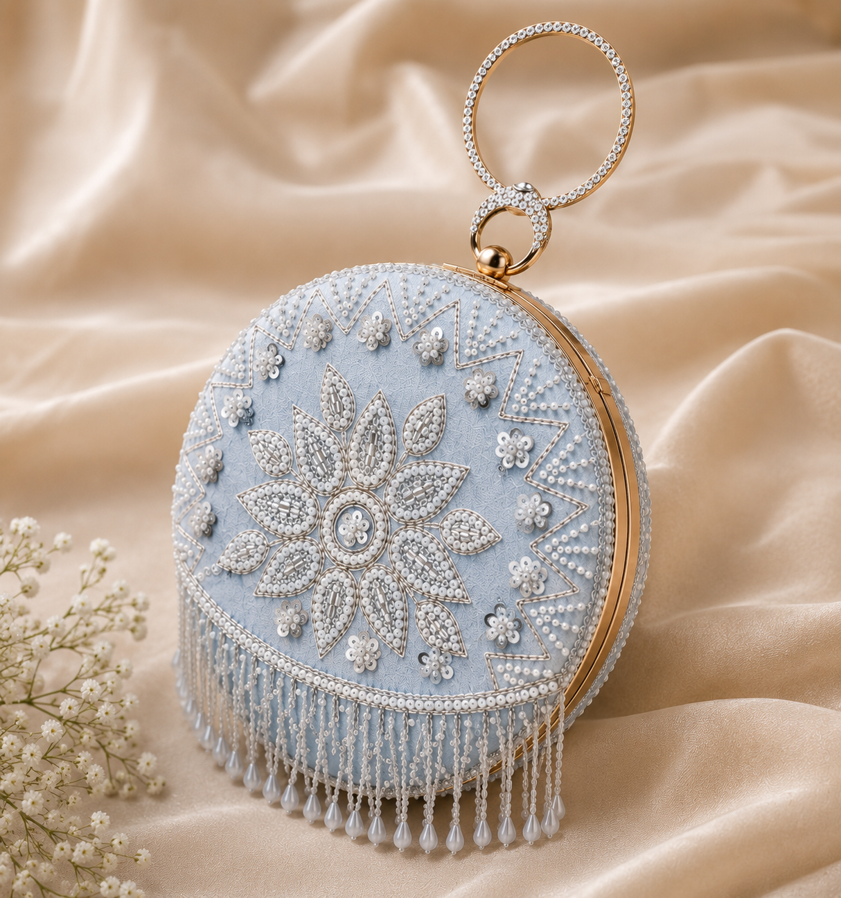 Luxury Ice Blue Hand-Embroidered Mandala Clutch Bag with Crystal Ring Handle & Pearl Tassels