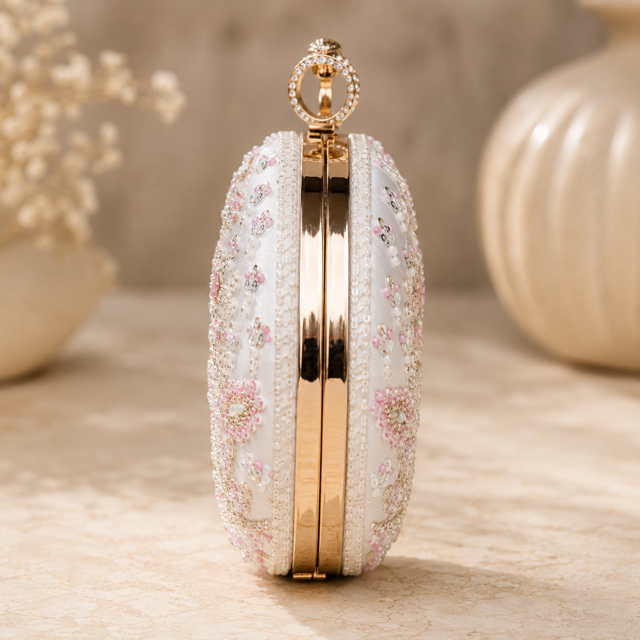 Luxury White Hand-Embroidered Floral Clutch Bag with Crystal Ring Handle