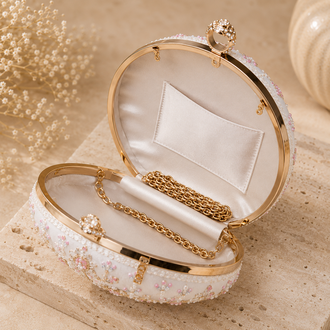 Luxury White Hand-Embroidered Floral Clutch Bag with Crystal Ring Handle