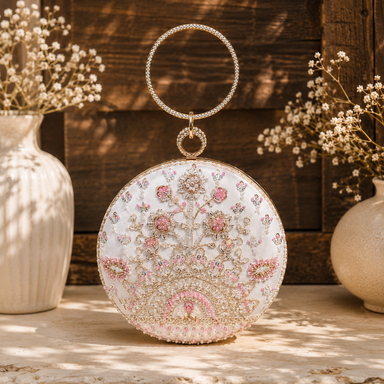 Luxury White Hand-Embroidered Floral Clutch Bag with Crystal Ring Handle