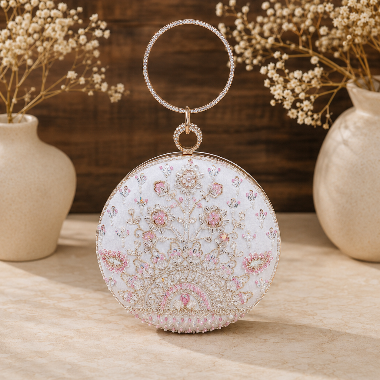 Luxury White Hand-Embroidered Floral Clutch Bag with Crystal Ring Handle