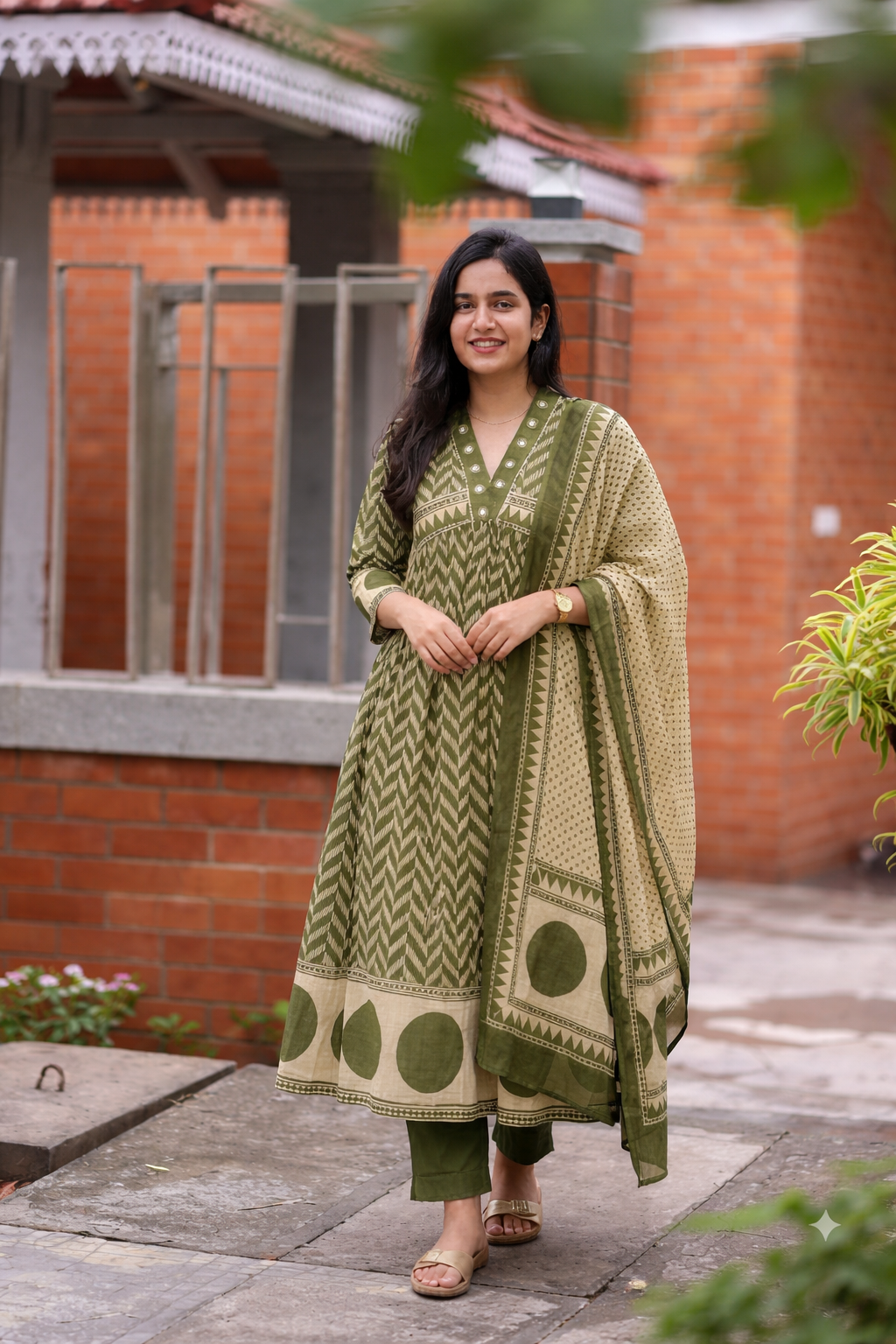Green Printed Cotton Anarkali Suit Set with Dupatta