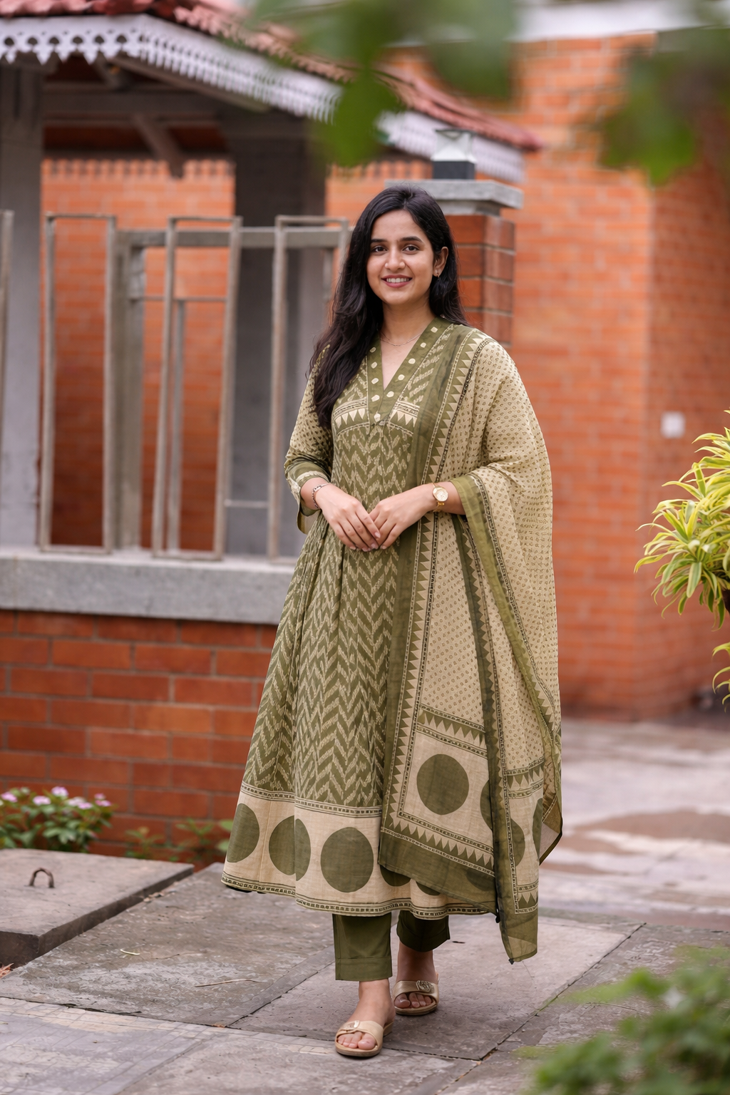 Green Printed Cotton Anarkali Suit Set with Dupatta