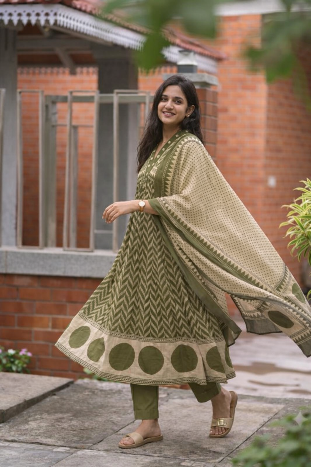 Green Printed Cotton Anarkali Suit Set with Dupatta