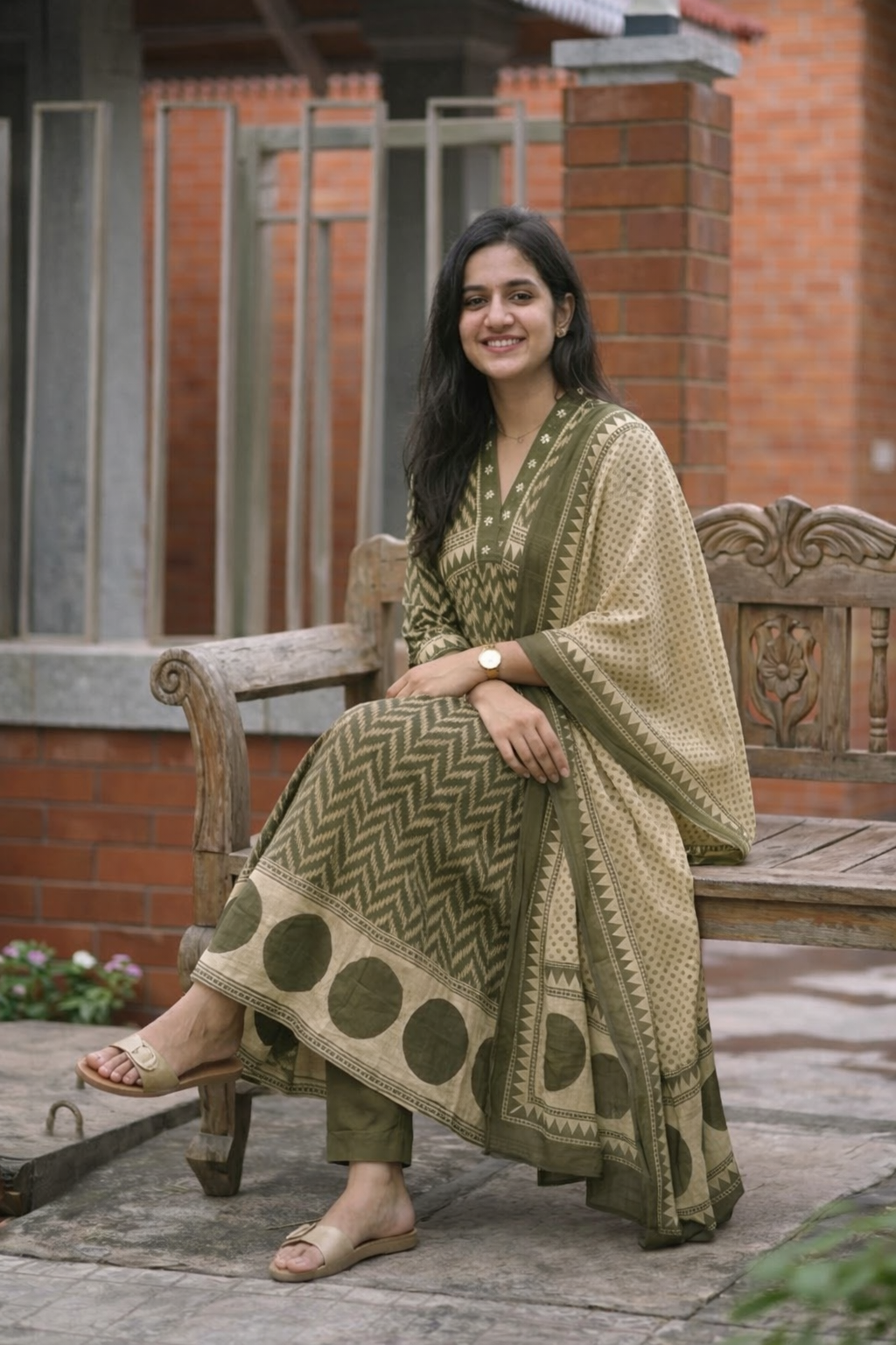 Green Printed Cotton Anarkali Suit Set with Dupatta