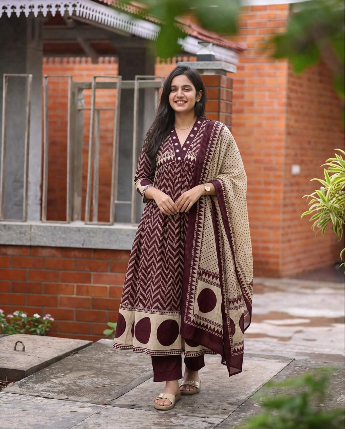 Mroon Printed Cotton Anarkali Suit Set with Dupatta