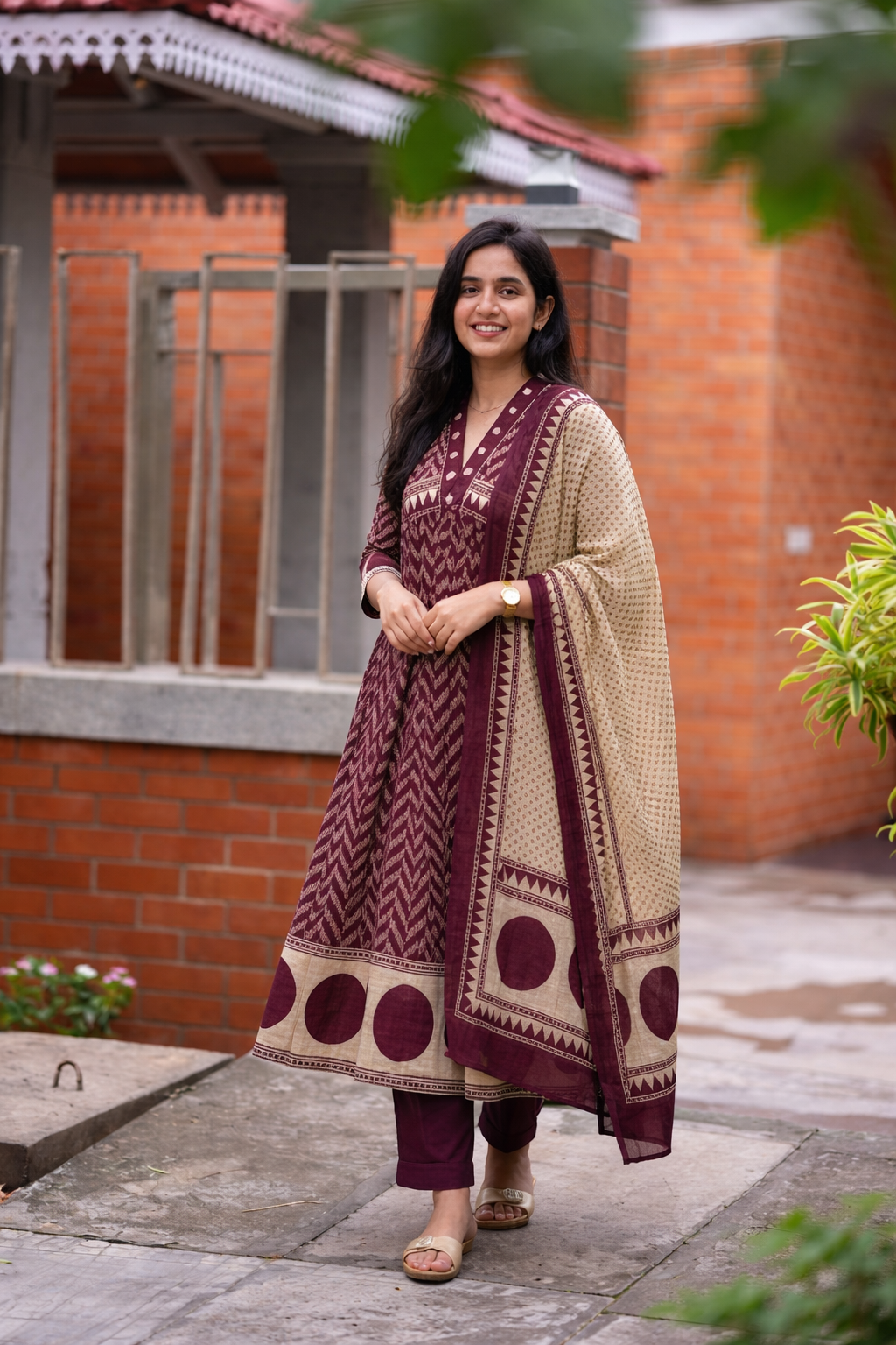 Mroon Printed Cotton Anarkali Suit Set with Dupatta
