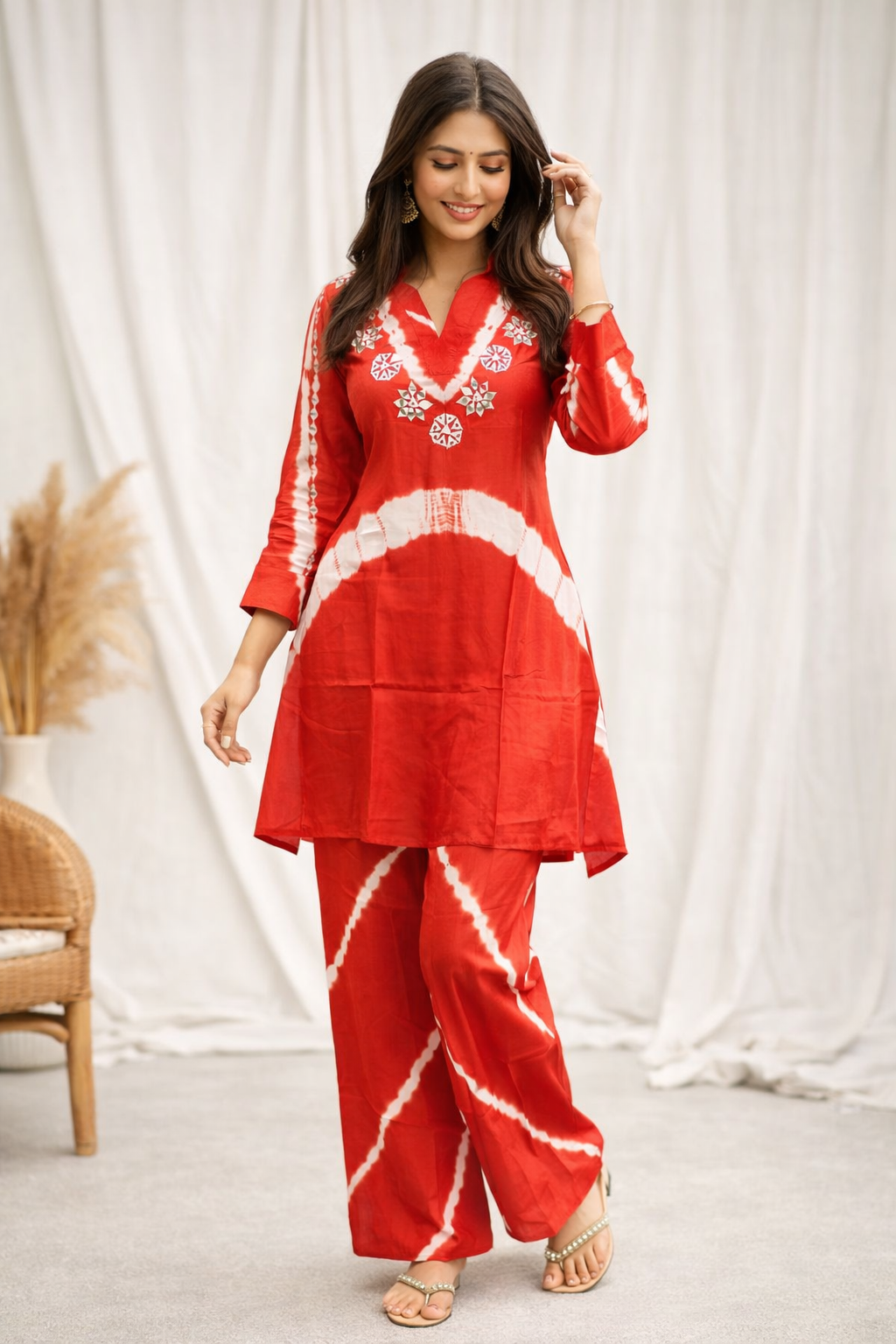 Radiant Orange Tie-Dye Kurta & Pant Co-ord Set with Embroidered Yoke