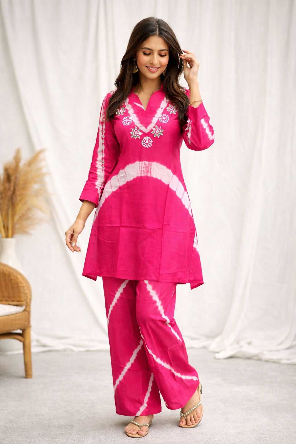 Radiant Pink Tie-Dye Kurta & Pant Co-ord Set with Embroidered Yoke