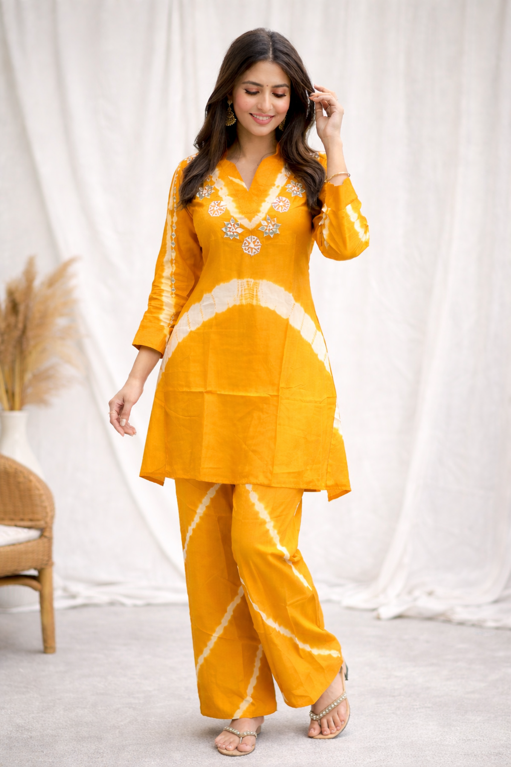 Radiant Yellow Tie-Dye Kurta & Pant Co-ord Set with Embroidered Yoke
