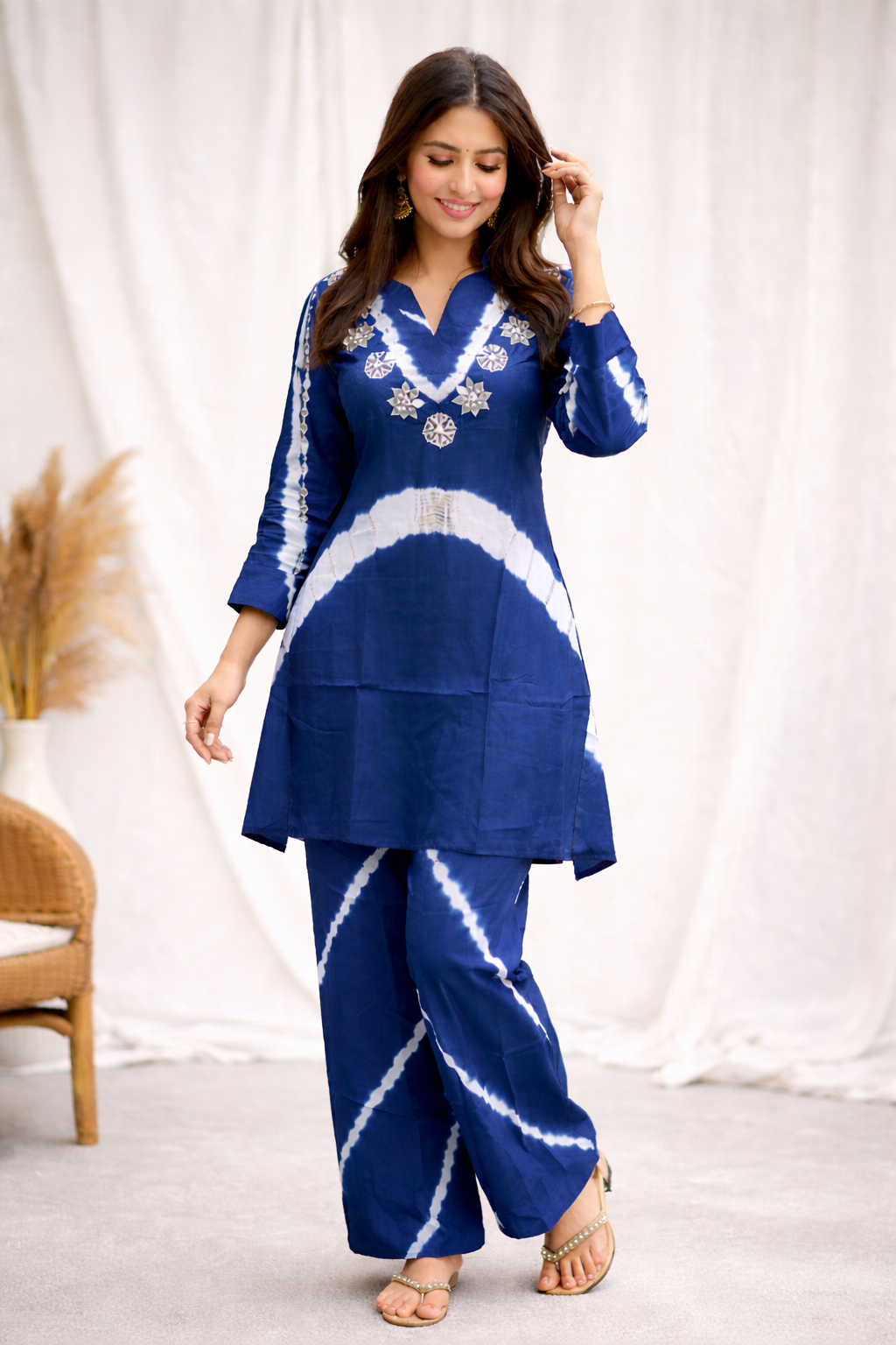 Radiant Blue Tie-Dye Kurta & Pant Co-ord Set with Embroidered Yoke