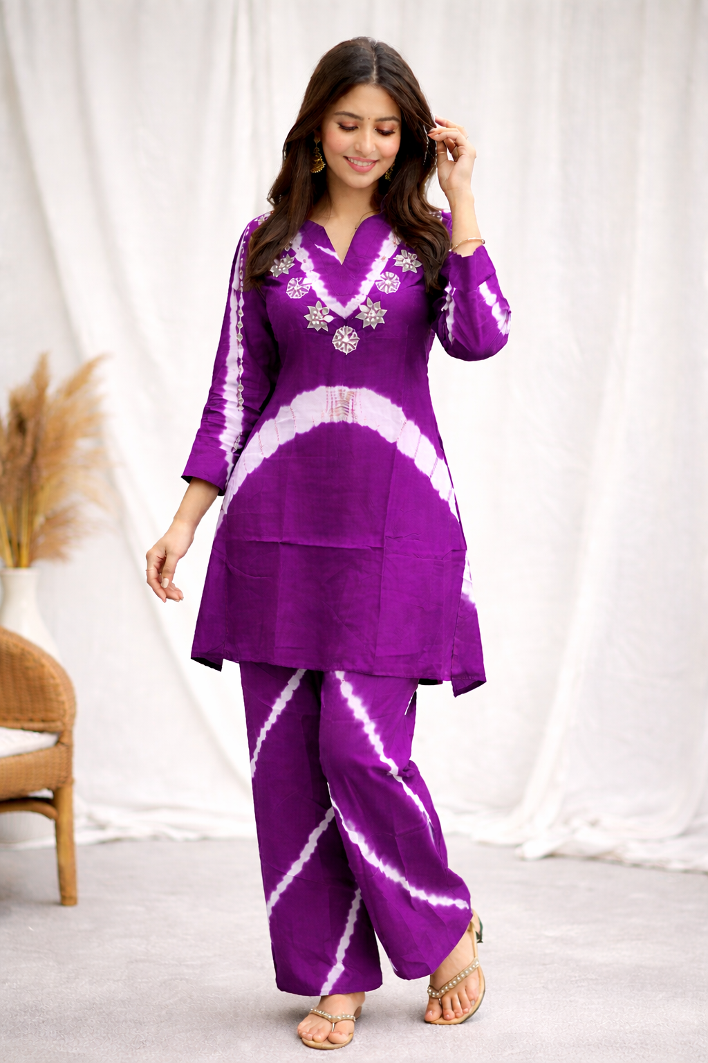 Radiant Purple Tie-Dye Kurta & Pant Co-ord Set with Embroidered Yoke