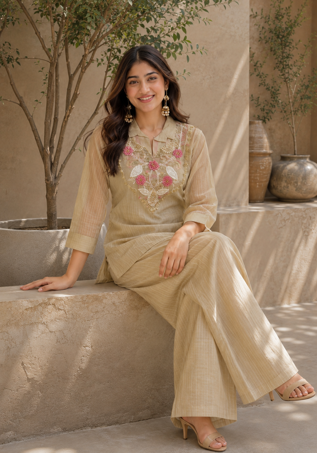Golden Sand Embroidered Co-ord Set for Women