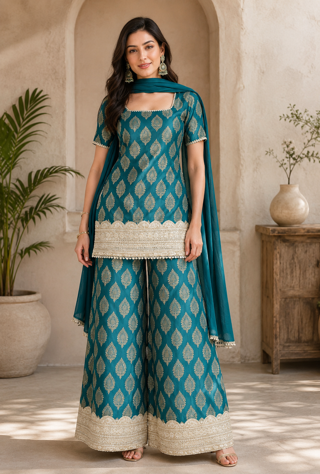 Teal Gold Buti Embroidered Co-Ord Set with Palazzo & Chiffon Dupatta