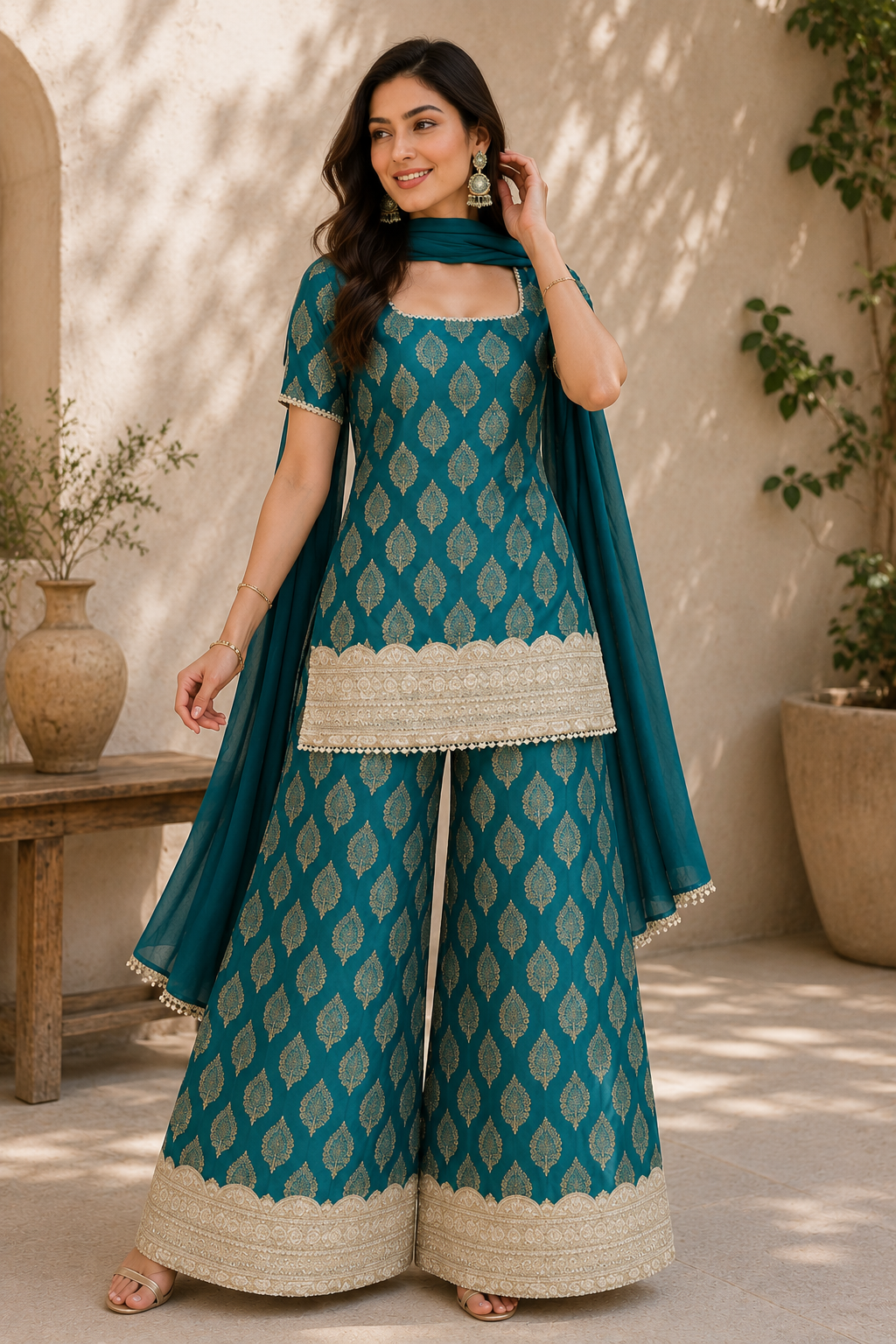 Teal Gold Buti Embroidered Co-Ord Set with Palazzo & Chiffon Dupatta