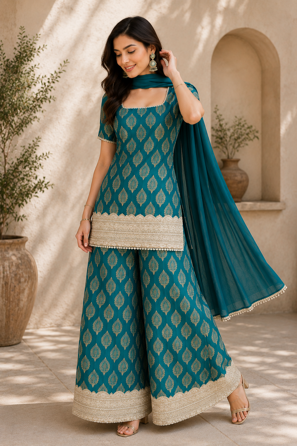 Teal Gold Buti Embroidered Co-Ord Set with Palazzo & Chiffon Dupatta