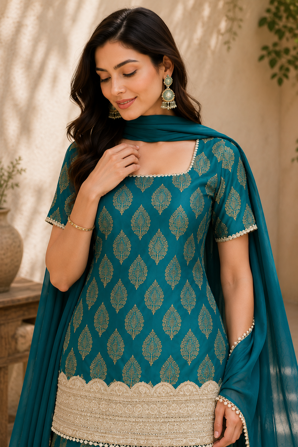 Teal Gold Buti Embroidered Co-Ord Set with Palazzo & Chiffon Dupatta