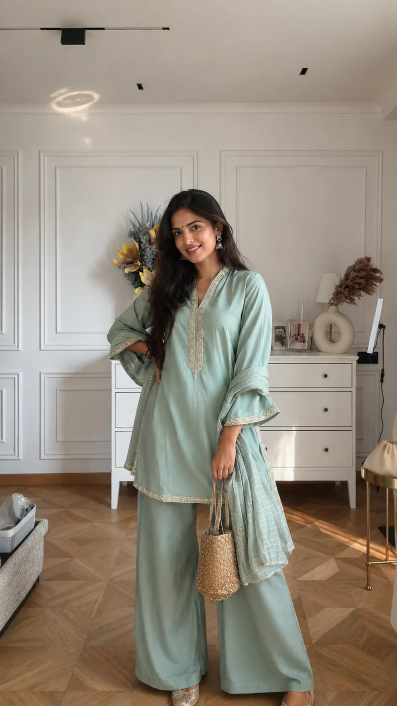 Women's Sage Green Embroidered Straight Kurta Set with Palazzo & Dupatta